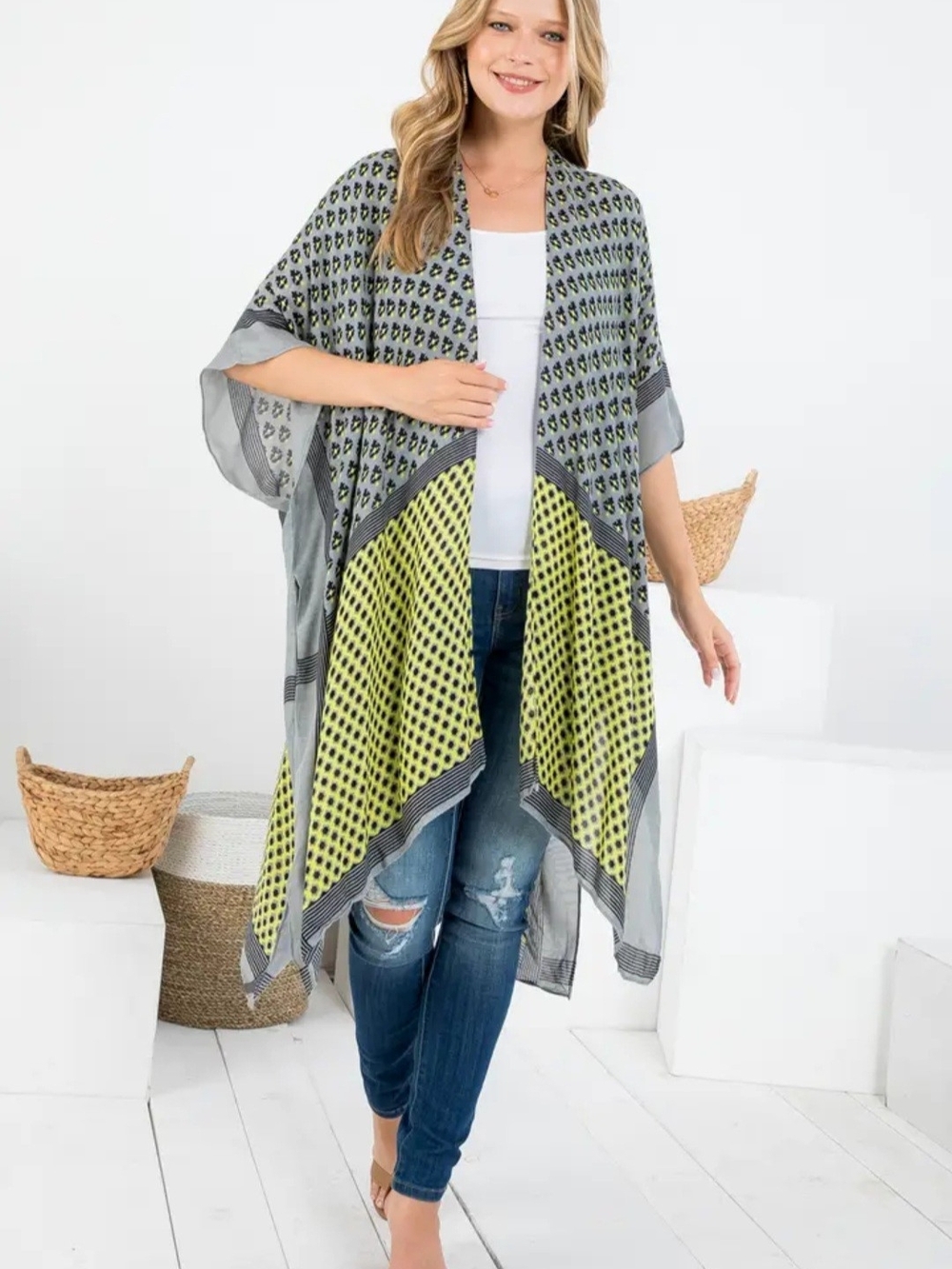 Lightweight Open Front Kimono - Gray & Lime